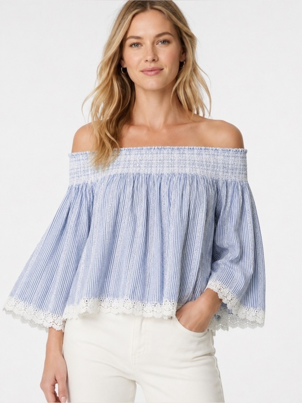 Bishop + Young Off Shoulder Striped Lace Trim Top Blue White Cotton Large
